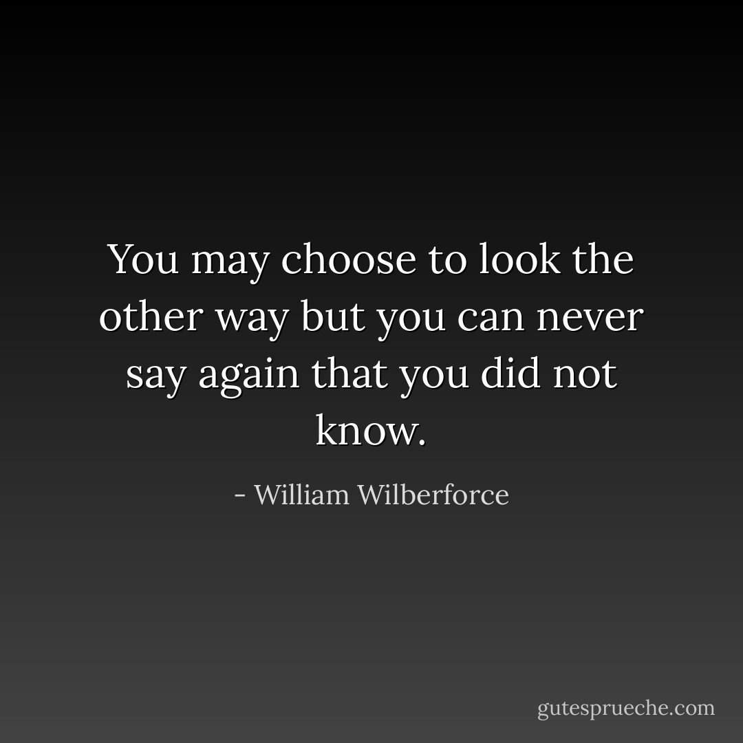 You may choose to look the other way but you can never say again that you did not know. - William Wilberforce