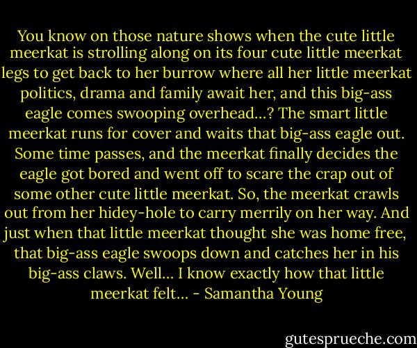 You know on those nature shows when the cute little meerkat is strolling along on its four cute little meerkat legs to get back to her burrow where all her little meerkat politics, drama and family await her, and this big-ass eagle comes swooping overhead…? The smart little meerkat runs for cover and waits that big-ass eagle out. Some time passes, and the meerkat finally decides the eagle got bored and went off to scare the crap out of some other cute little meerkat. So, the meerkat crawls out from her hidey-hole to carry merrily on her way. And just when that little meerkat thought she was home free, that big-ass eagle swoops down and catches her in his big-ass claws. Well… I know exactly how that little meerkat felt… - Samantha Young