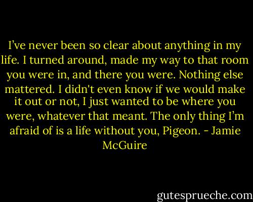 I’ve never been so clear about anything in my life. I turned around, made my way to that room you were in, and there you were. Nothing else mattered. I didn't even know if we would make it out or not, I just wanted to be where you were, whatever that meant. The only thing I’m afraid of is a life without you, Pigeon. - Jamie McGuire