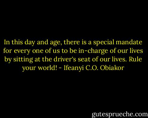 In this day and age, there is a special mandate for every one of us to be in-charge of our lives by sitting at the driver's seat of our lives. Rule your world! - Ifeanyi C.O. Obiakor