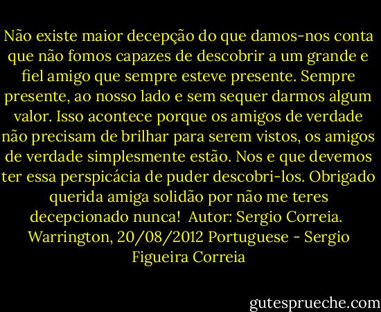 Não existe maior decepção do que damos-nos conta que não fomos capazes de descobrir a um grande e fiel amigo que sempre esteve presente. Sempre presente, ao nosso lado e sem sequer darmos algum valor. Isso acontece porque os amigos de verdade não precisam de brilhar para serem vistos, os amigos de verdade simplesmente estão. Nos e que devemos ter essa perspicácia de puder descobri-los. Obrigado querida amiga solidão por não me teres decepcionado nunca! <br />Autor: Sergio Correia. <br />Warrington, 20/08/2012<br />Portuguese - Sergio Figueira Correia