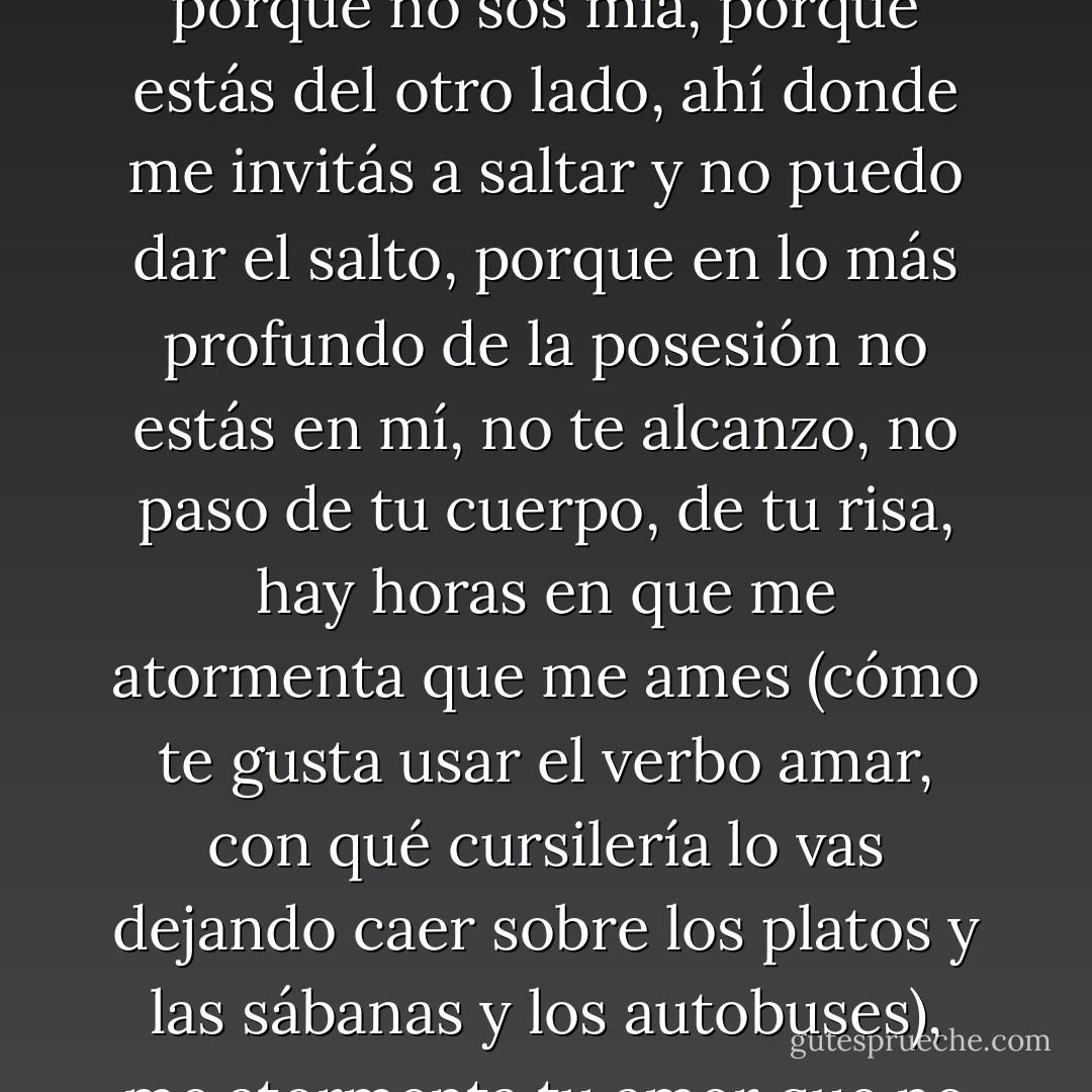 Amor mío, no te quiero por vos ni por mí ni por los dos juntos, no te quiero porque la sangre me llame a quererte, te quiero porque no sos mía, porque estás del otro lado, ahí donde me invitás a saltar y no puedo dar el salto, porque en lo más profundo de la posesión no estás en mí, no te alcanzo, no paso de tu cuerpo, de tu risa, hay horas en que me atormenta que me ames (cómo te gusta usar el verbo amar, con qué cursilería lo vas dejando caer sobre los platos y las sábanas y los autobuses), me atormenta tu amor que no me sirve de puente porque un puente no se sostiene de un solo lado. - Julio Cortázar
