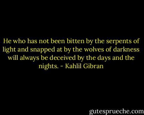 He who has not been bitten by the serpents of light and snapped at by the wolves of darkness will always be deceived by the days and the nights. - Kahlil Gibran