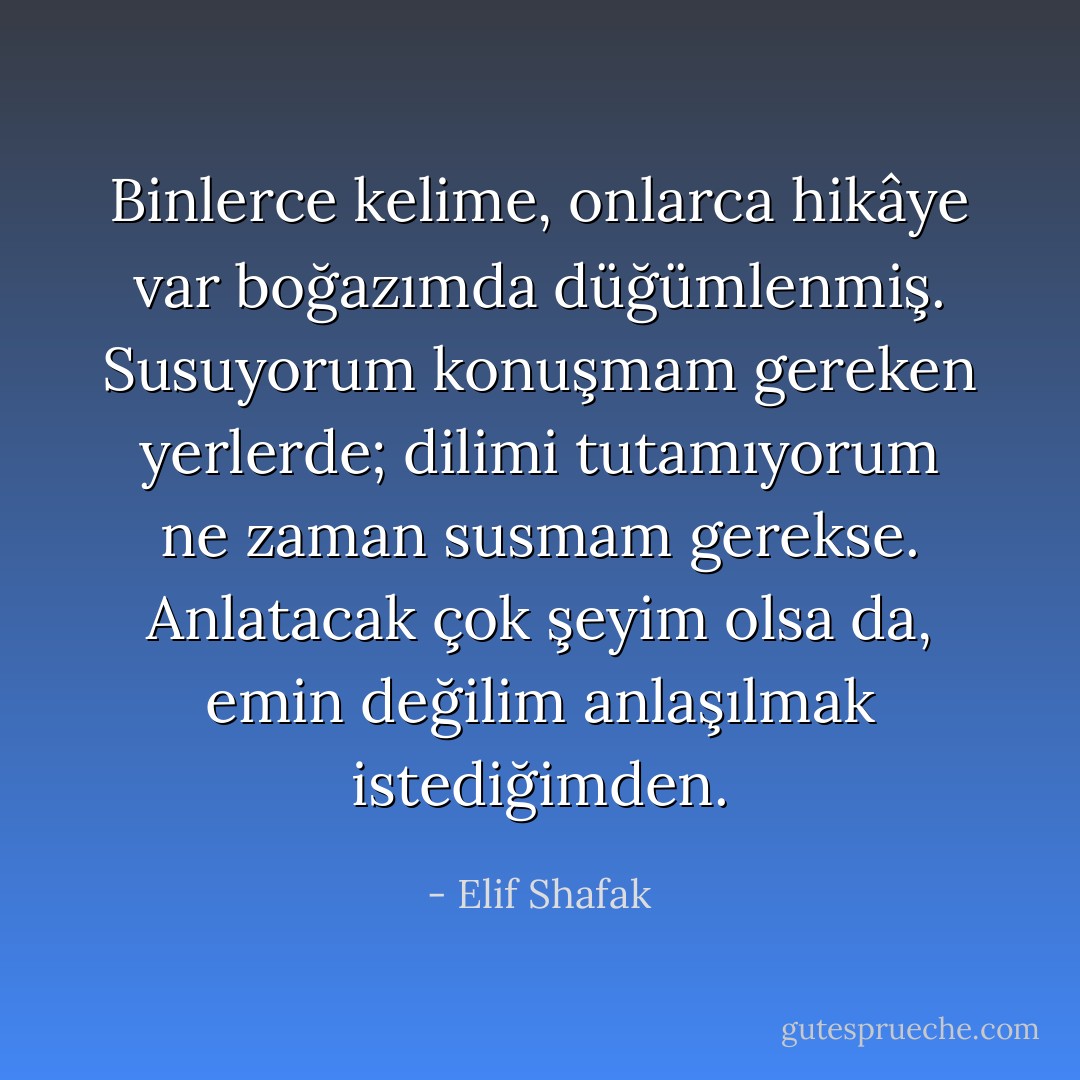 Binlerce kelime, onlarca hikâye var boğazımda düğümlenmiş. Susuyorum konuşmam gereken yerlerde; dilimi tutamıyorum ne zaman susmam gerekse. Anlatacak çok şeyim olsa da, emin değilim anlaşılmak istediğimden. - Elif Shafak