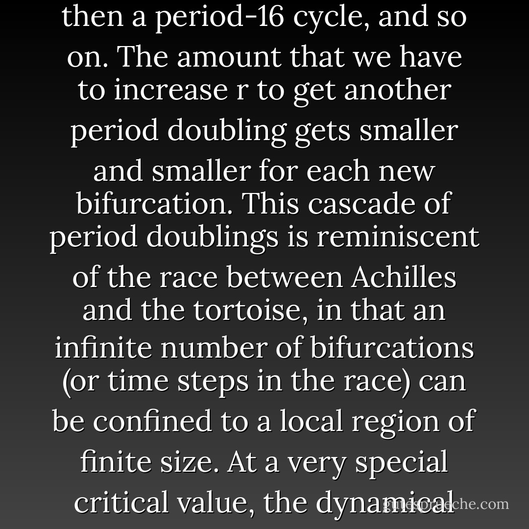 If we increase r [in a logistic map] even more, we will eventually force the system into a period-8 limit cycle, then a period-16 cycle, and so on. The amount that we have to increase r to get another period doubling gets smaller and smaller for each new bifurcation. This cascade of period doublings is reminiscent of the race between Achilles and the tortoise, in that an infinite number of bifurcations (or time steps in the race) can be confined to a local region of finite size. At a very special critical value, the dynamical system will fall into what is essentially an infinite-period limit cycle. This is chaos. - Gary William Flake