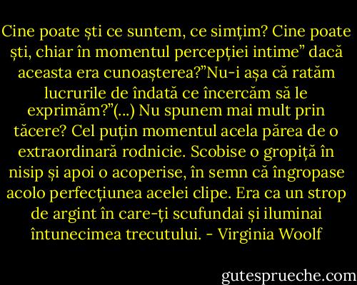 Cine poate ști ce suntem, ce simțim? Cine poate ști, chiar în momentul percepției intime” dacă aceasta era cunoașterea?”Nu-i așa că ratăm lucrurile de îndată ce încercăm să le exprimăm?”(...)<br />Nu spunem mai mult prin tăcere? Cel puțin momentul acela părea de o extraordinară rodnicie. Scobise o gropiță în nisip și apoi o acoperise, în semn că îngropase acolo perfecțiunea acelei clipe. Era ca un strop de argint în care-ți scufundai și iluminai întunecimea trecutului. - Virginia Woolf