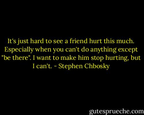 It's just hard to see a friend hurt this much. Especially when you can't do anything except "be there". I want to make him stop hurting, but I can't. - Stephen Chbosky