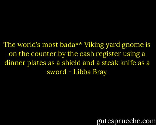 The world's most bada** Viking yard gnome is on the counter by the cash register using a dinner plates as a shield and a steak knife as a sword - Libba Bray