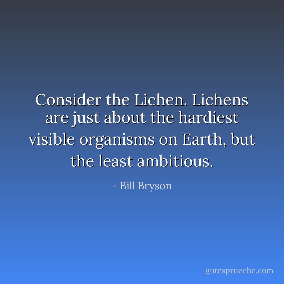 Consider the Lichen. Lichens are just about the hardiest visible organisms on Earth, but the least ambitious. - Bill Bryson