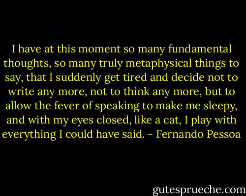 I have at this moment so many fundamental thoughts, so many truly metaphysical things to say, that I suddenly get tired and decide not to write any more, not to think any more, but to allow the fever of speaking to make me sleepy, and with my eyes closed, like a cat, I play with everything I could have said. - Fernando Pessoa