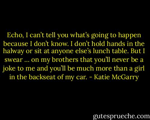 Echo, I can’t tell you what’s going to happen because I don’t know. I don’t hold hands in the halway or sit at anyone else’s lunch table. But I swear …<br />on my brothers that you’ll never be a joke to me and you’ll be much more than a girl in the backseat of my car. - Katie McGarry