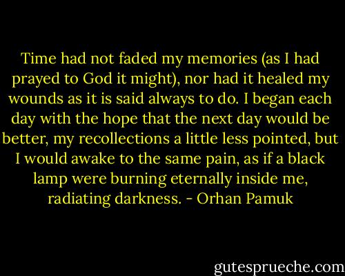 Time had not faded my memories (as I had prayed to God it might), nor had it healed my wounds as it is said always to do. I began each day with the hope that the next day would be better, my recollections a little less pointed, but I would awake to the same pain, as if a black lamp were burning eternally inside me, radiating darkness. - Orhan Pamuk