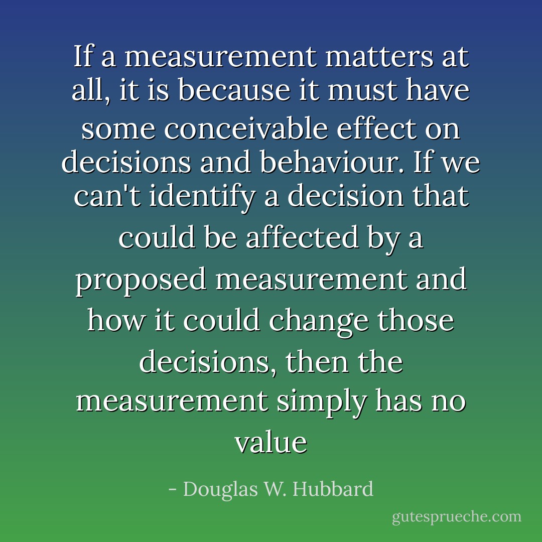 If a measurement matters at all, it is because it must have some conceivable effect on decisions and behaviour. If we can't identify a decision that could be affected by a proposed measurement and how it could change those decisions, then the measurement simply has no value - Douglas W. Hubbard