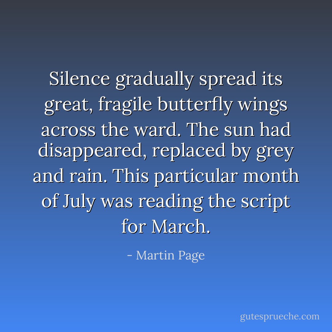 Silence gradually spread its great, fragile butterfly wings across the ward. The sun had disappeared, replaced by grey and rain. This particular month of July was reading the script for March. - Martin Page