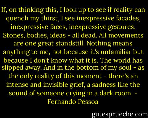 If, on thinking this, I look up to see if reality can quench my thirst, I see inexpressive facades, inexpressive faces, inexpressive gestures. Stones, bodies, ideas - all dead. All movements are one great standstill. Nothing means anything to me, not because it's unfamiliar but because I don't know what it is. The world has slipped away. And in the bottom of my soul - as the only reality of this moment - there's an intense and invisible grief, a sadness like the sound of someone crying in a dark room. - Fernando Pessoa