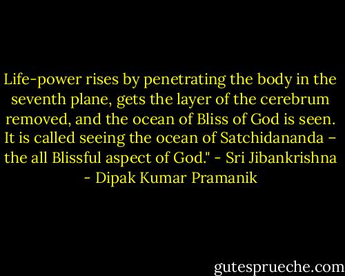Life-power rises by penetrating the body in the seventh plane, gets the layer of the cerebrum removed, and the ocean of Bliss of God is seen. It is called seeing the ocean of Satchidananda – the all Blissful aspect of God." - Sri Jibankrishna - Dipak Kumar Pramanik