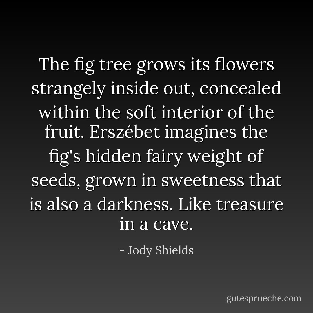 The fig tree grows its flowers strangely inside out, concealed within the soft interior of the fruit. Erszébet imagines the fig's hidden fairy weight of seeds, grown in sweetness that is also a darkness. Like treasure in a cave. - Jody Shields