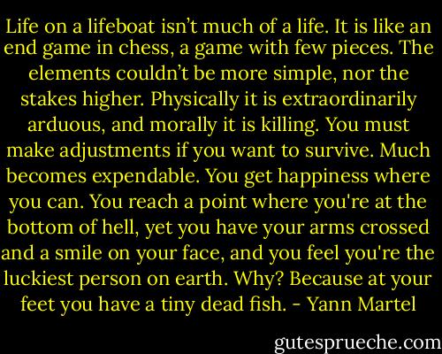 Life on a lifeboat isn’t much of a life. It is like an end game in chess, a game with few pieces. The elements couldn’t be more simple, nor the stakes higher. Physically it is extraordinarily arduous, and morally it is killing. You must make adjustments if you want to survive. Much becomes expendable. You get happiness where you can. You reach a point where you're at the bottom of hell, yet you have your arms crossed and a smile on your face, and you feel you're the luckiest person on earth. Why? Because at your feet you have a tiny dead fish. - Yann Martel