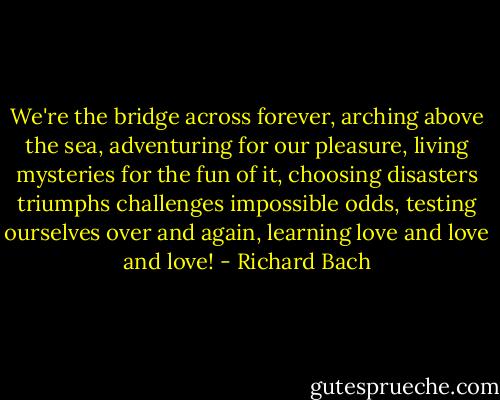 We're the bridge across forever, arching above the sea, adventuring for our pleasure, living mysteries for the fun of it, choosing disasters triumphs challenges impossible odds, testing ourselves over and again, learning love and love and love! - Richard Bach