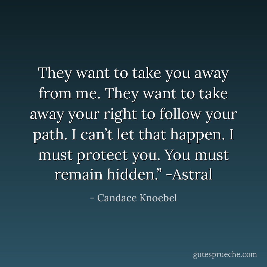 They want to take you away from me. They want to take away your right to follow your path. I can’t let that happen. I must protect you. You must remain hidden.” -Astral - Candace Knoebel