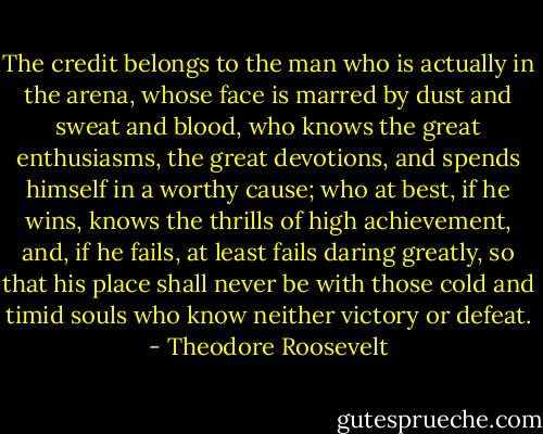 The credit belongs to the man who is actually in the arena, whose face is marred by dust and sweat and blood, who knows the great enthusiasms, the great devotions, and spends himself in a worthy cause; who at best, if he wins, knows the thrills of high achievement, and, if he fails, at least fails daring greatly, so that his place shall never be with those cold and timid souls who know neither victory or defeat. - Theodore Roosevelt