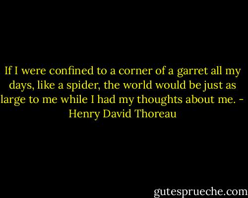If I were confined to a corner of a garret all my days, like a spider, the world would be just as large to me while I had my thoughts about me. - Henry David Thoreau