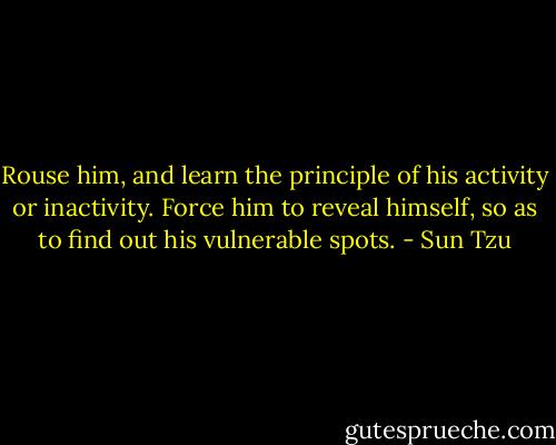 Rouse him, and learn the principle of his activity or inactivity. Force him to reveal himself, so as to find out his vulnerable spots. - Sun Tzu