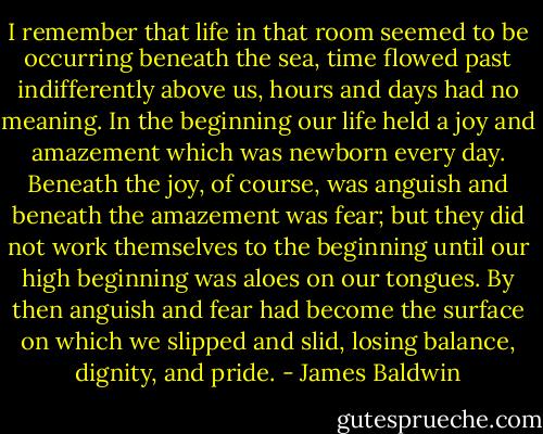 I remember that life in that room seemed to be occurring beneath the sea, time flowed past indifferently above us, hours and days had no meaning. In the beginning our life held a joy and amazement which was newborn every day. Beneath the joy, of course, was anguish and beneath the amazement was fear; but they did not work themselves to the beginning until our high beginning was aloes on our tongues. By then anguish and fear had become the surface on which we slipped and slid, losing balance, dignity, and pride. - James Baldwin