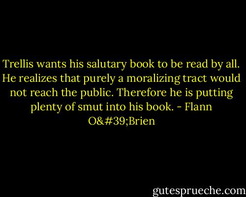 Trellis wants his salutary book to be read by all. He realizes that purely a moralizing tract would not reach the public. Therefore he is putting plenty of smut into his book. - Flann O'Brien