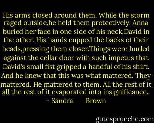 His arms closed around them. While the storm raged outside,he held them protectively. Anna buried her face in one side of his neck,David in the other. His hands cupped the backs of their heads,pressing them closer.Things were hurled against the cellar door with such impetus that David's small fist gripped a handful of his shirt. And he knew that this was what mattered. They mattered. He mattered to them. All the rest of it all the rest of it evaporated into insignificance.. - Sandra       Brown