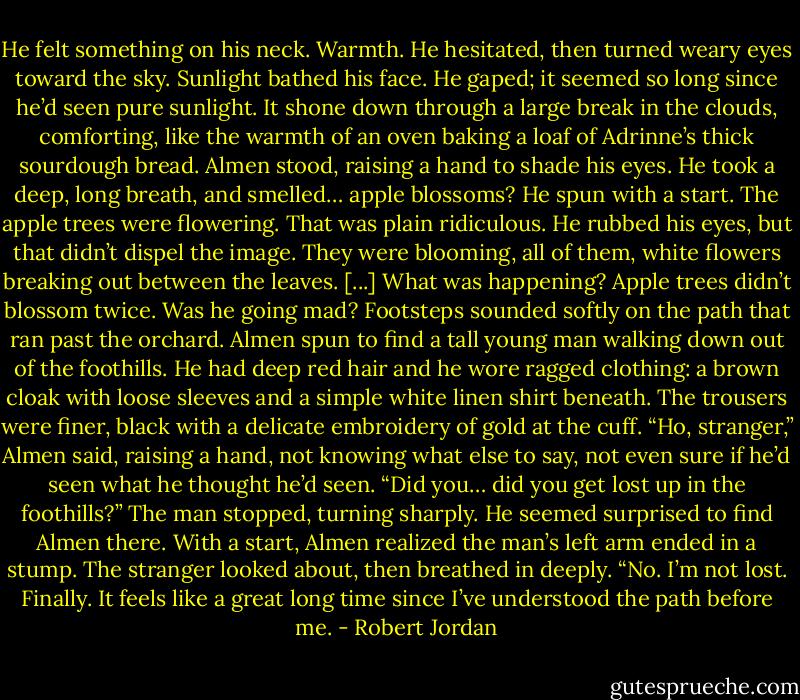 He felt something on his neck. Warmth.<br />He hesitated, then turned weary eyes toward the sky. Sunlight bathed his face. He gaped; it seemed so long since he’d seen pure sunlight. It shone down through a large break in the clouds, comforting, like the warmth of an oven baking a loaf of Adrinne’s thick sourdough bread.<br />Almen stood, raising a hand to shade his eyes. He took a deep, long breath, and smelled… apple blossoms? He spun with a start.<br />The apple trees were flowering.<br />That was plain ridiculous. He rubbed his eyes, but that didn’t dispel the image. They were blooming, all of them, white flowers breaking out between the leaves.<br />[...] What was happening? Apple trees didn’t blossom twice. Was he going mad?<br />Footsteps sounded softly on the path that ran past the orchard. Almen spun to find a tall young man walking down out of the foothills. He had deep red hair and he wore ragged clothing: a brown cloak with loose sleeves and a simple white linen shirt beneath. The trousers were finer, black with a delicate embroidery of gold at the cuff.<br />“Ho, stranger,” Almen said, raising a hand, not knowing what else to say, not even sure if he’d seen what he thought he’d seen. “Did you… did you get lost up in the foothills?”<br />The man stopped, turning sharply. He seemed surprised to find Almen there. With a start, Almen realized the man’s left arm ended in a stump.<br />The stranger looked about, then breathed in deeply. “No. I’m not lost. Finally. It feels like a great long time since I’ve understood the path before me. - Robert Jordan