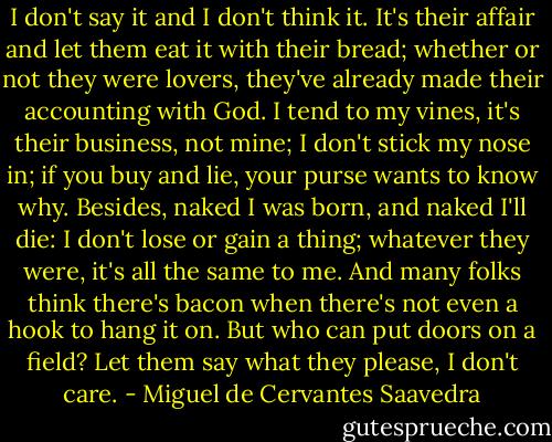 I don't say it and I don't think it. It's their affair and let them eat it with their bread; whether or not they were lovers, they've already made their accounting with God. I tend to my vines, it's their business, not mine; I don't stick my nose in; if you buy and lie, your purse wants to know why. Besides, naked I was born, and naked I'll die: I don't lose or gain a thing; whatever they were, it's all the same to me. And many folks think there's bacon when there's not even a hook to hang it on. But who can put doors on a field? Let them say what they please, I don't care. - Miguel de Cervantes Saavedra