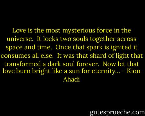 Love is the most mysterious force in the universe.<br /><br />It locks two souls together across space and time.<br /><br />Once that spark is ignited it consumes all else.<br /><br />It was that shard of light that transformed a dark soul forever.<br /><br />Now let that love burn bright like a sun for eternity… - Kion Ahadi