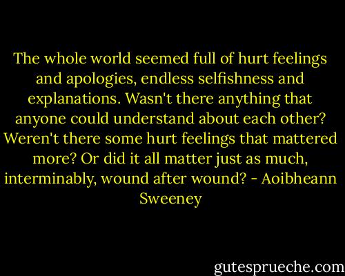 The whole world seemed full of hurt feelings and apologies, endless selfishness and explanations. Wasn't there anything that anyone could understand about each other? Weren't there some hurt feelings that mattered more? Or did it all matter just as much, interminably, wound after wound? - Aoibheann Sweeney