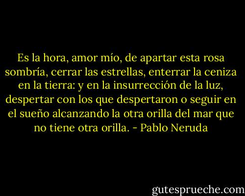 Es la hora, amor mío, de apartar esta rosa sombría, cerrar las estrellas, enterrar la ceniza en la tierra: y en la insurrección de la luz, despertar con los que despertaron o seguir en el sueño alcanzando la otra orilla del mar que no tiene otra orilla. - Pablo Neruda