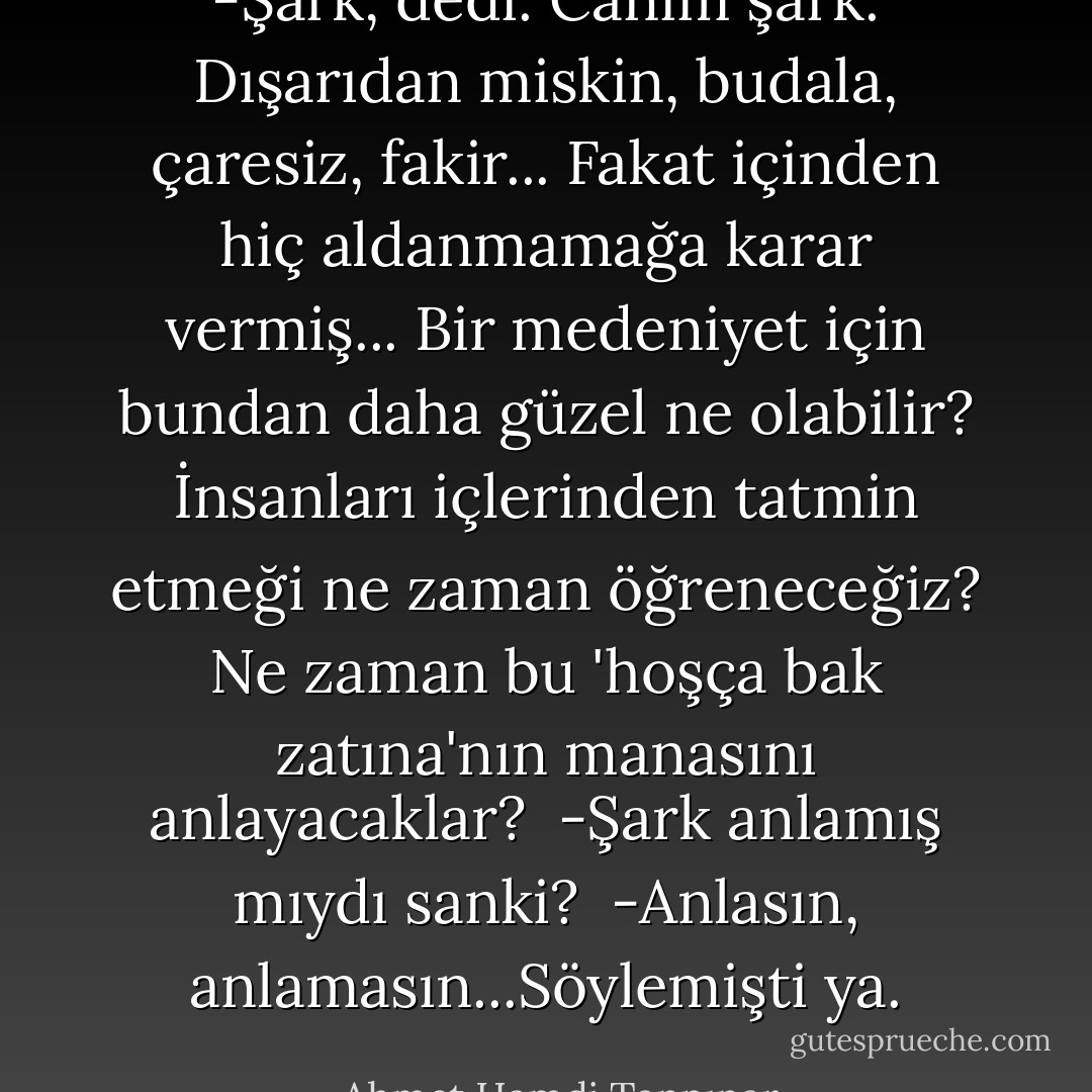 -Şark, dedi. Canım şark. Dışarıdan miskin, budala, çaresiz, fakir... Fakat içinden hiç aldanmamağa karar vermiş... Bir medeniyet için bundan daha güzel ne olabilir? İnsanları içlerinden tatmin etmeği ne zaman öğreneceğiz? Ne zaman bu 'hoşça bak zatına'nın manasını anlayacaklar?<br /><br />-Şark anlamış mıydı sanki?<br /><br />-Anlasın, anlamasın...Söylemişti ya. - Ahmet Hamdi Tanpınar