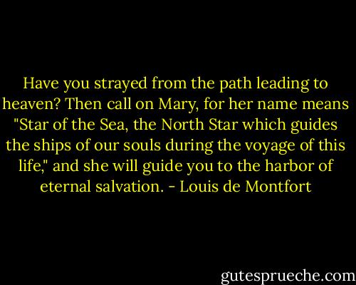 Have you strayed from the path leading to heaven? Then call on Mary, for her name means "Star of the Sea, the North Star which guides the ships of our souls during the voyage of this life," and she will guide you to the harbor of eternal salvation. - Louis de Montfort