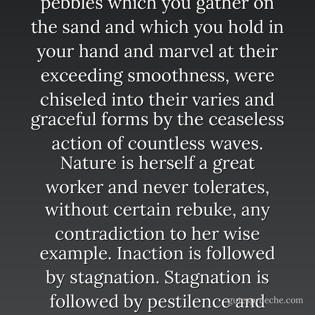 endless action and reaction. Those beautifully rounded pebbles which you gather on the sand and which you hold in your hand and marvel at their exceeding smoothness, were chiseled into their varies and graceful forms by the ceaseless action of countless waves. Nature is herself a great worker and never tolerates, without certain rebuke, any contradiction to her wise example. Inaction is followed by stagnation. Stagnation is followed by pestilence and pestilence is followed by death. - Frederick Douglass