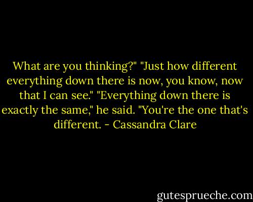 What are you thinking?"<br />"Just how different everything down there is now, you know, now that I can see."<br />"Everything down there is exactly the same," he said. "You're the one that's different. - Cassandra Clare