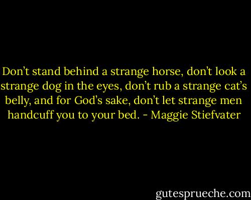 Don’t stand behind a strange horse, don’t look a strange dog in the eyes, don’t rub a strange cat’s belly, and for God’s sake, don’t let strange men handcuff you to your bed. - Maggie Stiefvater