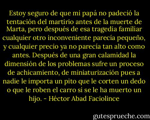 Estoy seguro de que mi papá no padeció la tentación del martirio antes de la muerte de Marta, pero después de esa tragedia familiar cualquier otro inconveniente parecía pequeño, y cualquier precio ya no parecía tan alto como antes. Después de una gran calamidad la dimensión de los problemas sufre un proceso de achicamiento, de miniaturización pues a nadie le importa un pito que le corten un dedo o que le roben el carro si se le ha muerto un hijo. - Héctor Abad Faciolince
