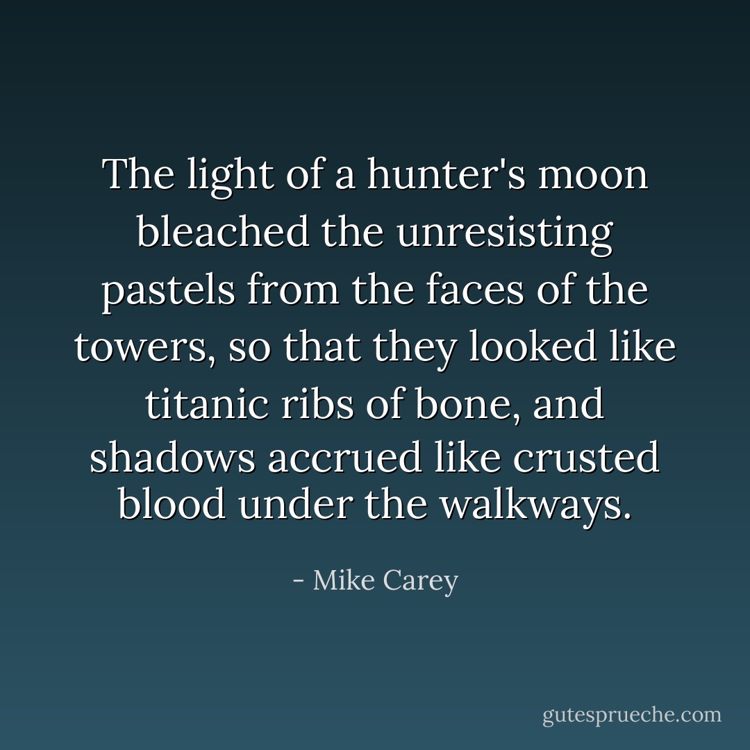 The light of a hunter's moon bleached the unresisting pastels from the faces of the towers, so that they looked like titanic ribs of bone, and shadows accrued like crusted blood under the walkways. - Mike Carey