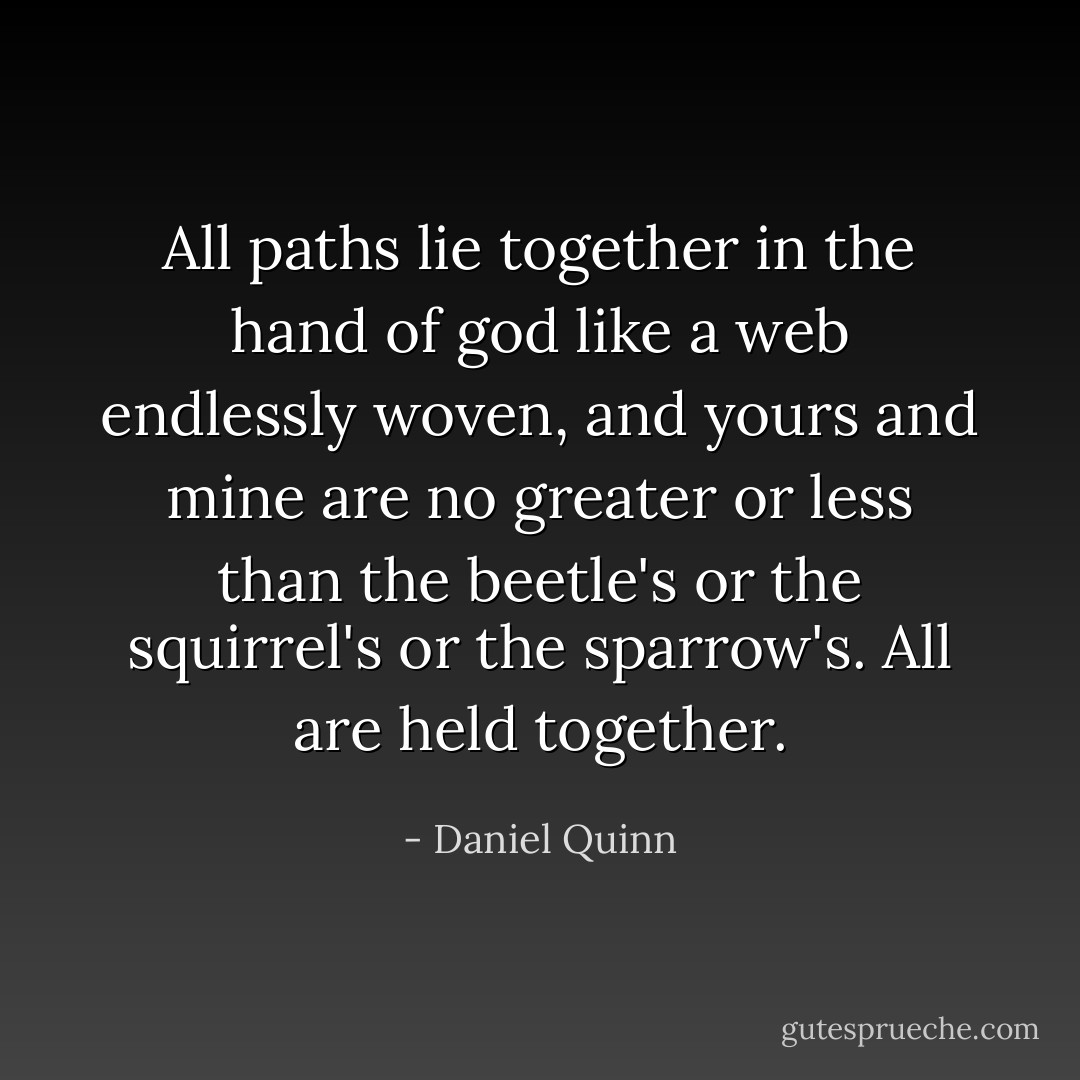 All paths lie together in the hand of god like a web endlessly woven, and yours and mine are no greater or less than the beetle's or the squirrel's or the sparrow's. All are held together. - Daniel Quinn
