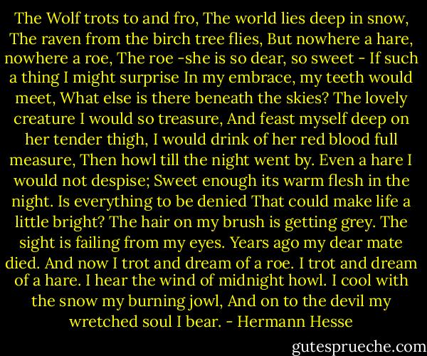 The Wolf trots to and fro,<br />The world lies deep in snow,<br />The raven from the birch tree flies,<br />But nowhere a hare, nowhere a roe,<br />The roe -she is so dear, so sweet -<br />If such a thing I might surprise<br />In my embrace, my teeth would meet,<br />What else is there beneath the skies?<br />The lovely creature I would so treasure,<br />And feast myself deep on her tender thigh,<br />I would drink of her red blood full measure,<br />Then howl till the night went by.<br />Even a hare I would not despise;<br />Sweet enough its warm flesh in the night.<br />Is everything to be denied<br />That could make life a little bright?<br />The hair on my brush is getting grey.<br />The sight is failing from my eyes.<br />Years ago my dear mate died.<br />And now I trot and dream of a roe.<br />I trot and dream of a hare.<br />I hear the wind of midnight howl.<br />I cool with the snow my burning jowl,<br />And on to the devil my wretched soul I bear. - Hermann Hesse