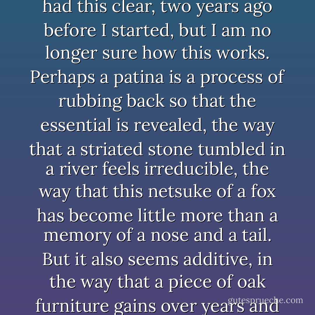 Stories are a kind of thing, too. Stories and objects share something, a patina. I thought I had this clear, two years ago before I started, but I am no longer sure how this works. Perhaps a patina is a process of rubbing back so that the essential is revealed, the way that a striated stone tumbled in a river feels irreducible, the way that this netsuke of a fox has become little more than a memory of a nose and a tail. But it also seems additive, in the way that a piece of oak furniture gains over years and years of polishing, and the way the leaves of my medlar shine. - Edmund de Waal