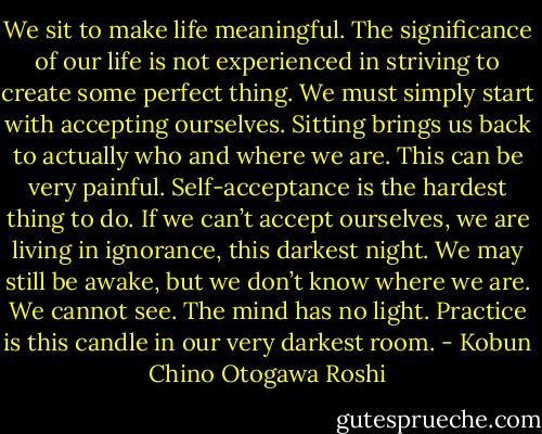 We sit to make life meaningful. The significance of our life is not experienced in striving to create some perfect thing. We must simply start with accepting ourselves. Sitting brings us back to actually who and where we are. This can be very painful. Self-acceptance is the hardest thing to do. If we can’t accept ourselves, we are living in ignorance, this darkest night. We may still be awake, but we don’t know where we are. We cannot see. The mind has no light. Practice is this candle in our very darkest room. - Kobun Chino Otogawa Roshi