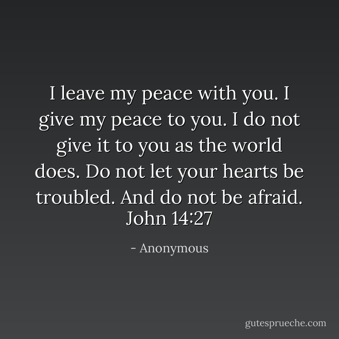 I leave my peace with you. I give my peace to you. I do not give it to you as the world does. Do not let your hearts be troubled. And do not be afraid. John 14:27 - Anonymous