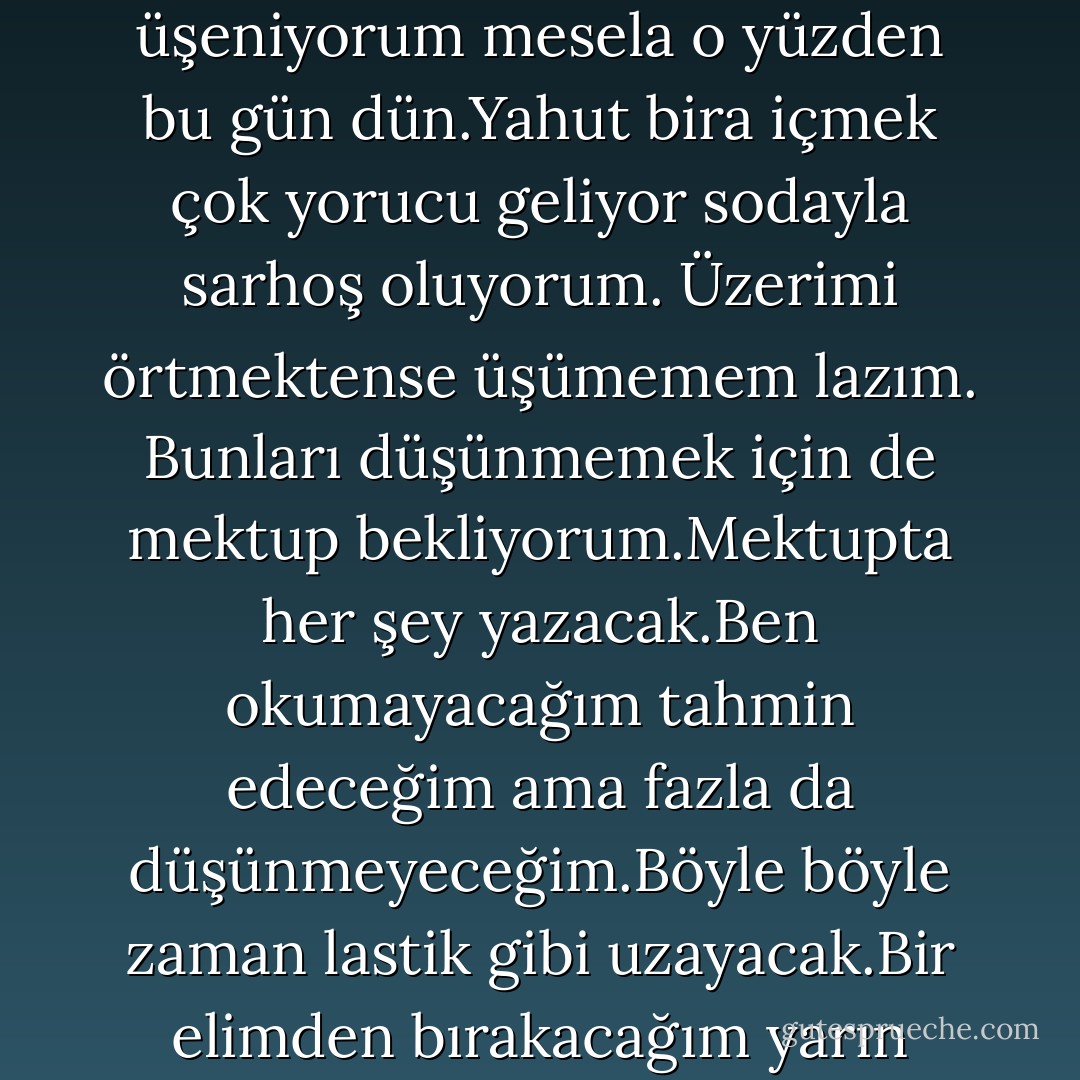 Ben şimdi saatlerimi üşengeçliğe ayarladım.Yarına üşeniyorum mesela o yüzden bu gün dün.Yahut bira içmek çok yorucu geliyor sodayla sarhoş oluyorum. Üzerimi örtmektense üşümemem lazım. Bunları düşünmemek için de mektup bekliyorum.Mektupta her şey yazacak.Ben okumayacağım tahmin edeceğim ama fazla da düşünmeyeceğim.Böyle böyle zaman lastik gibi uzayacak.Bir elimden bırakacağım yarın olacak dün. - Ahmet Hamdi Tanpınar