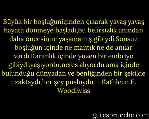 Büyük bir boşluğuniçinden çıkarak yavaş yavaş hayata dönmeye başladı,bu belirsizlik anından daha öncesinini yaşamamış gibiydi.Sonsuz boşluğun içinde ne mantık ne de anılar vardı.Karanlık içinde yüzen bir embriyo gibiydi,yaşıyordu,nefes alıyordu ama içinde bulunduğu dünyadan ve benliğinden bir şekilde uzaktaydı,her şey pusluydu. - Kathleen E. Woodiwiss
