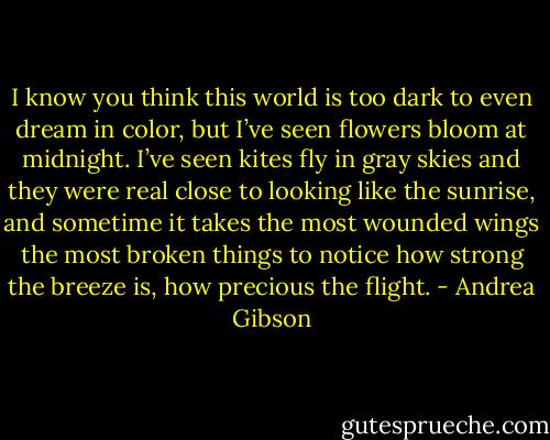I know you think this world is too dark to even dream in color,<br />but I’ve seen flowers bloom at midnight.<br />I’ve seen kites fly in gray skies<br />and they were real close to looking like the sunrise,<br />and sometime it takes the most wounded wings<br />the most broken things<br />to notice how strong the breeze is,<br />how precious the flight. - Andrea Gibson
